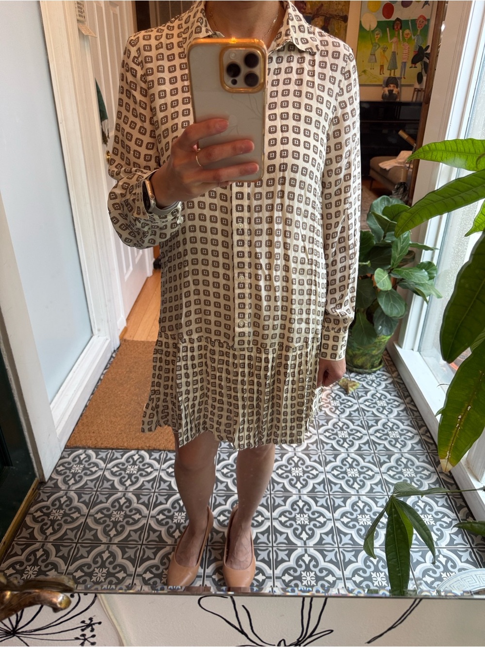 J. Crew Cream Dress with Brown Geometric Print